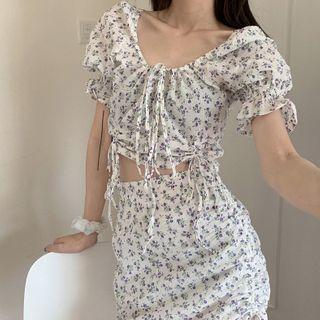 Flower Print Drawstring Short-sleeve Blouse / Mini Pencil Skirt