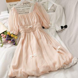 Boatneck Ribbon-accent Ruched Chiffon Mini Dress