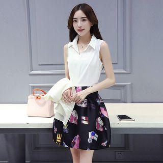 Set: Collared Sleeveless A-line Dress + Elbow-sleeve Top