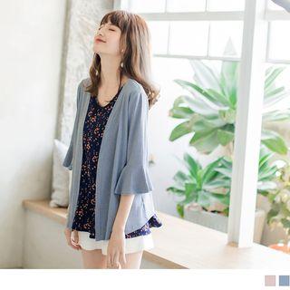 Set: Ruffled Hem Print Sleeveless Top + Bell Sleeve Cardigan
