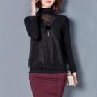 Long-sleeve Mock-neck Lace-panel Top