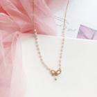 Alloy Rhinestone Bow Faux Pearl Pendant Necklace 1 Pc - Necklace - Gold - One Size