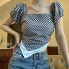 Puff-sleeve Gingham Asymmetrical Cropped Blouse