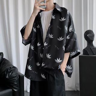 Elbow-sleeve Leaf Printed Shirt