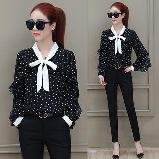 Long-sleeved Polka-dot V-neck Frill Bow Blouse