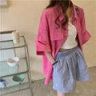 Elbow-sleeve Plain Shirt Rose Pink - One Size