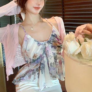 Plain Slim-fit Light Jacket / Sleeveless Floral Print Top