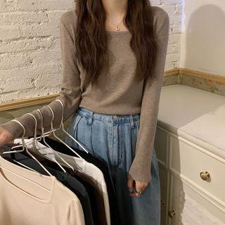 Long Sleeve Square Neck Plain Knit Top