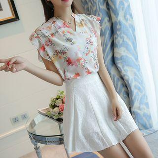 Set: V-neck Print Chiffon Top + Lace Skirt