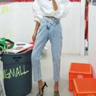 High-waist Washed Asymmetric Straight-leg Jeans