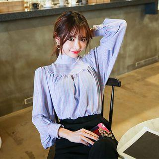 Mock-neck Puff-sleeve Stripe Blouse