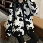 Cow Print Fleece Zip Jacket Black & White - One Size