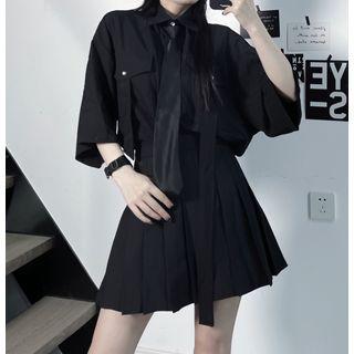Elbow Sleeve Plain Shirt / High-waist Pleated Mini Skirt