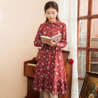 Set: Floral A-line Dress + Knit Vest