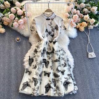 Short-sleeve Butterfly Applique Midi A-line Qipao Dress