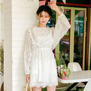 Dolman-sleeve Frill Floral Embroidered Tie-waist Lace Sheath Dress