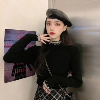 Long-sleeve Mock-neck Faux Pearl Mesh Trim Knit Top