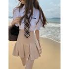 Ruffled-trim Knotted Crop Shirt With Tie / High-waist Pleated Mini Skirt