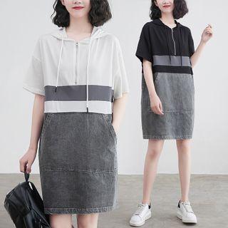 Short-sleeve Denim Panel Hooded Midi Dress