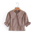 Bell-sleeve Collared Gingham Blouse