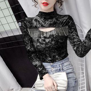 Long-sleeve Fringe Cutout Top