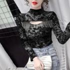Long-sleeve Fringe Cutout Top
