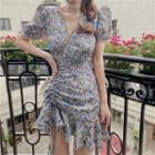 Drawstring Floral Short-sleeve Mini A-line Dress