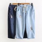 Cat Embroidered Cropped Pants
