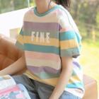 Short-sleeve Striped Lettering Print T-shirt Stripe - Pink & Yellow & Blue - One Size