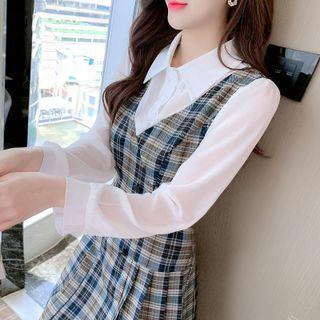 Mock Two-piece Long-sleeve Plaid Pleated Mini A-line Shirtdress