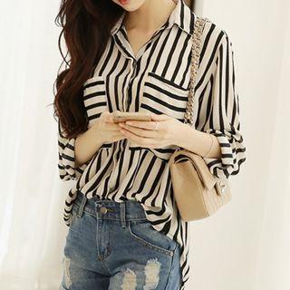 Long-sleeve Striped Button-up Loose Fit Chiffon Pocket Shirt