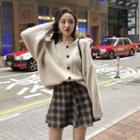 Set: Crew-neck Cardigan + Plaid A-line Skirt