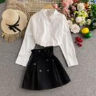 Set: Plain Long-sleeve Shirt + High-waist Double-breasted A-line Mini Skirt