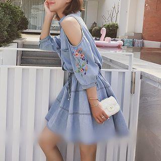 Embroidered Cutout Shoulder 3/4-sleeve Dress