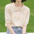 Elbow-sleeve Polo-neck Knit Top Milky Yellow - One Size