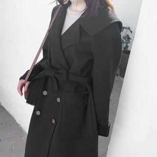 Tie Waist Double-breasted Coat Black - S