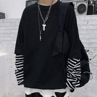 Mock Two-piece Striped Long-sleeve Oversize T-shirt Black - One Size