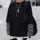 Mock Two-piece Striped Long-sleeve Oversize T-shirt Black - One Size