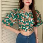 Puff-sleeve Floral Print Cropped Blouse Floral Print - Green - One Size
