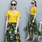 Set : Lattice Short-sleeve Top + Floral Print Midi Skirt