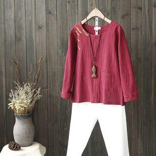 Long-sleeve Embroidery Crinkled Top