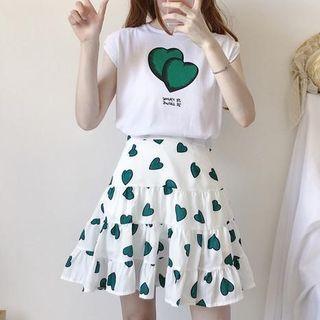 Set: Heart Print Tank Top + A-line Mini Skirt