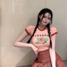 Short-sleeve Rose Print T-shirt / Cardigan / Plaid Pleated Mini A-line Skirt