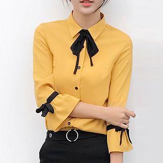 3/4-sleeve Bow Neck Chiffon Blouse