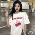 Elbow-sleeve Cherry Print Slit T-shirt