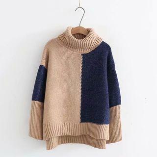 Turtleneck Color Block Sweater Khaki - One Size