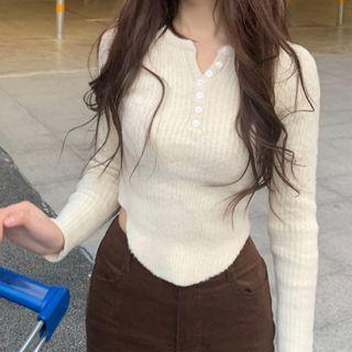 Long-sleeve Henley Top Top - White - One Size