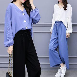 Set: Long-sleeve V-neck Top + Wide Leg Pants