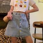 Multicolored Button High-waist A-line Denim Skirt
