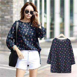 Round-neck Floral Loose-fit Blouse Navy Blue - One Size